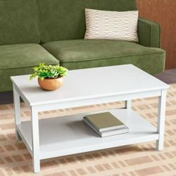White Coffee Table for Living Room, 39.4''W With Shelf, 2 Tier Modern Minimalist $60