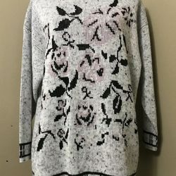 Vintage 80s KEREN White Black Marbled Pink Rose Knit Sweater Women's sz L
