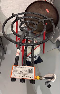Paella Pan 28 Inch +Garcima triple ring  Regulador gas burner +Red Base +Propano   Tank  Stand