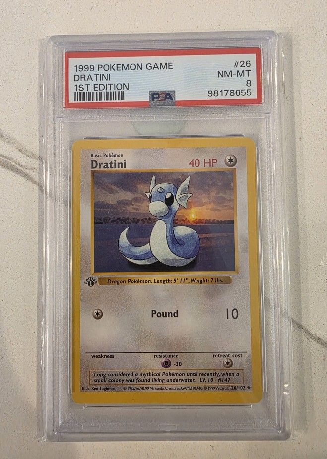 1st Edition Shadowless Dratini 26/102 Base Set Pokemon Card PSA 8 Graded Card