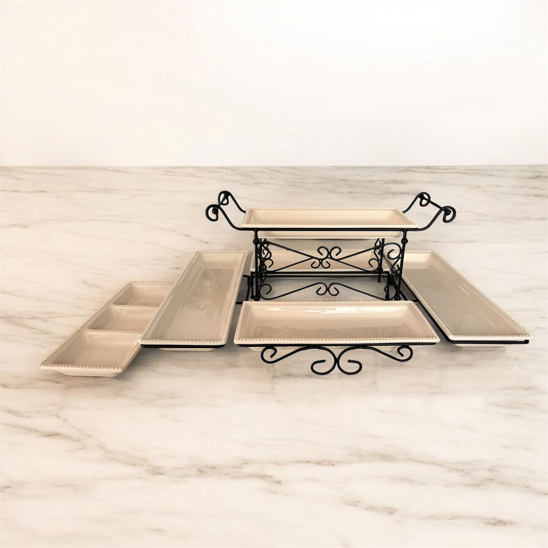 Stoneware Server With Metal Rack Tier Set