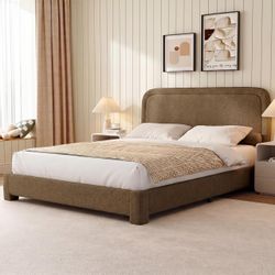 2604a $105 Queen Size Boucle Bed Frame, Upholstered Cloud Bed Frame with Adjustable Headboard, Soft Rounded Corners, No Box Spring Required, Easy Ass