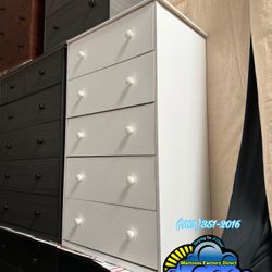 White Tall Jumbo Five Drawer Dresser Double Knob 