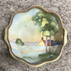 Antique Nippon Morimura Hand Painted Scenic Country House Handled Bowl Trinket Dish Circa 1911 - 1921