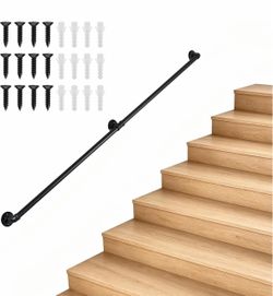 7FT Metal Staircase Hand Rail, Wall-Mounted Industrial Pipe Stair Handrail Black Galvanized Iron Handrails for Garage, Porch, Toilet, Yard and Garden,