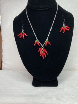 Necklace And Earrings with Glass Chili Pepper Charms. Red Chili Peppers.
