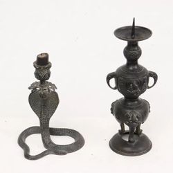 2 Antique Asian Bronze Candle Holders