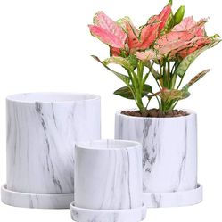 Ceramic Plant Pots With Saucers, Gray Marble