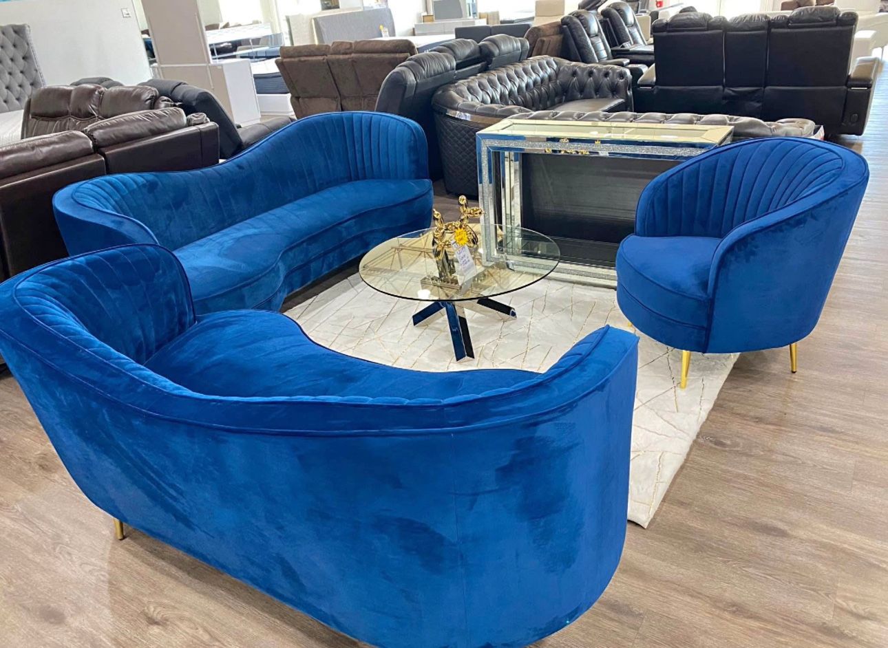 Blue Velvet Gold Sofa , Loveseat & Chair