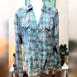 Maurices Distressed Fitted Plaid V-Neck Button Up Shirt