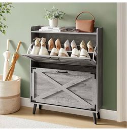 Fitfort Shoe Cabinet with 2 Flip Drawers,Farmhouse Shoe Storage Cabinet Organizer for Entryway,for Entrance, Hallway, Living Room,Classic Grey