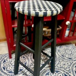 Whimsical Painted Wood Stool - Black & White Check