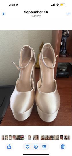 Champagne Satin Platform Heels with Ankle Strap