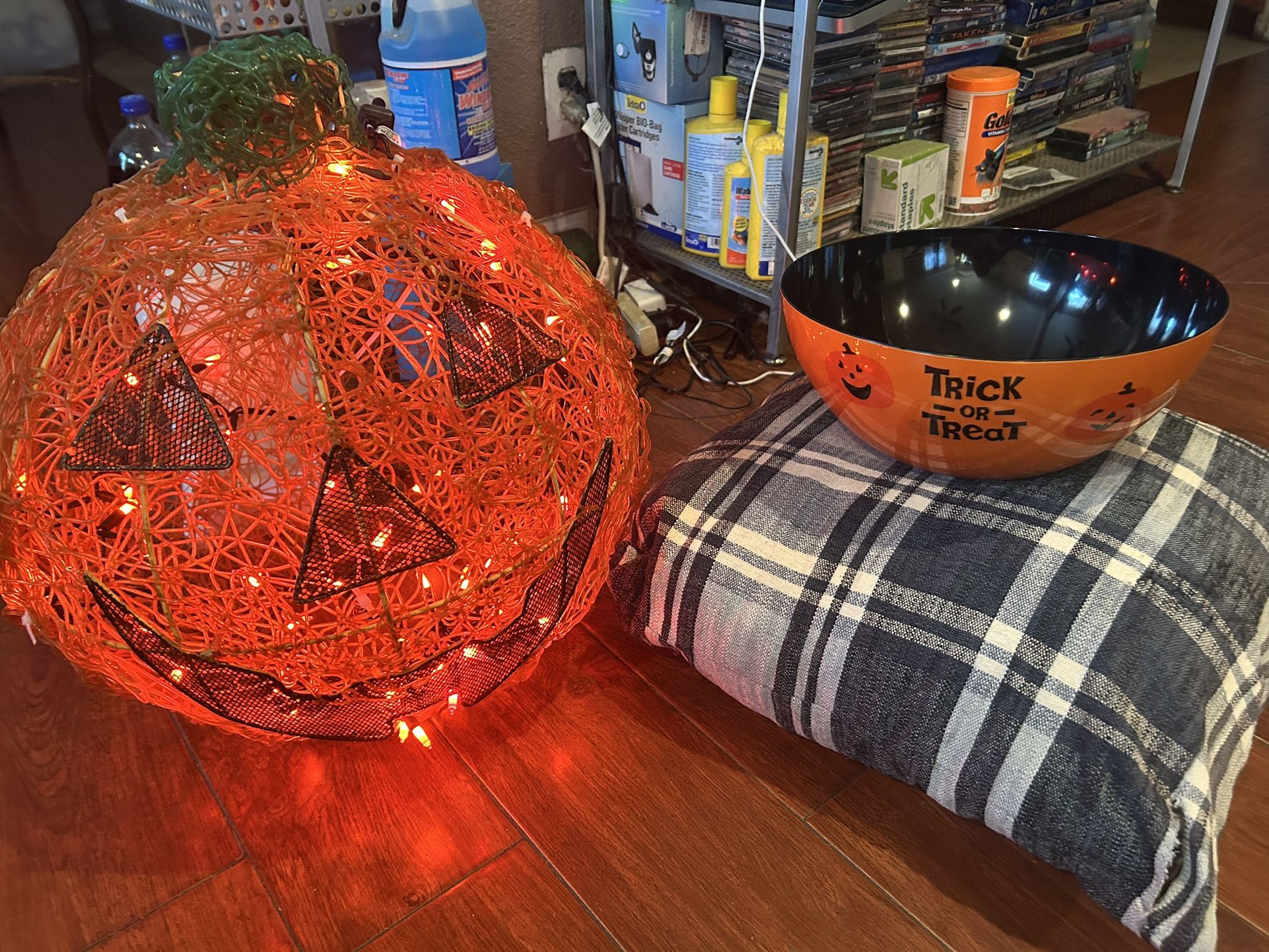 Big lighted pumpkin with bowl