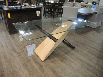 Modern Glass-Top Dining Table with Angled Oak & Metal Base