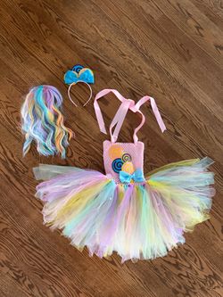 Size 5 / 6 Candyland Tutu Rainbow Lollipop Costume Dress with Headband and Wig