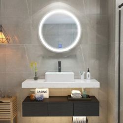 48" Modern Floating Bathroom Vanity Set Single Sink White & Black (W/Faucet, Round LED Mirror) 