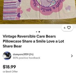 Vintage Reversible Care bears Pillow Case 