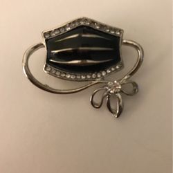JEWELED BLACK AND SILVER RHINESTONE MEDICAL FACE MASK BROOCH
