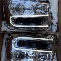 LED Headlights For 2002 To 2009 Chevy Trailblazer; Chrome Housing With Amber Corners