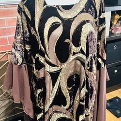 Elegant Velvet & Beaded Maxi Dress – Brown, Gold & Mocha – Statement Sleeve