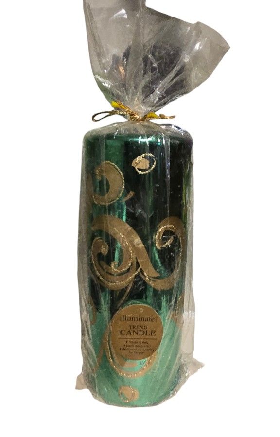 Illuminate Trend emerald green and gold hand decorated 7.87" holiday candle. made in Italy exclusively for Target.