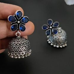 Blue Jhumka Silver Brass Earring Desi Ethnic Wedding