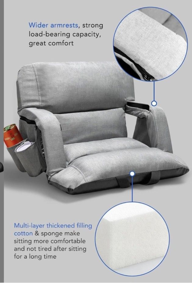 Wide Stadium Seats With Back Support Exclusive "Sofa Style" Design Extra Thick Bleacher Chairs With Back and Cushion, 6 Reclining Positions - 