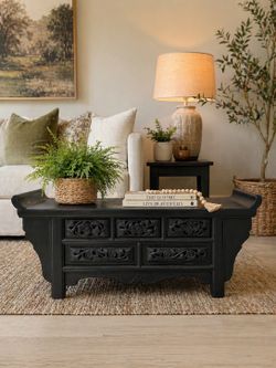Vintage Carved Wood Coffee Table / Storage Chest - Matte Black