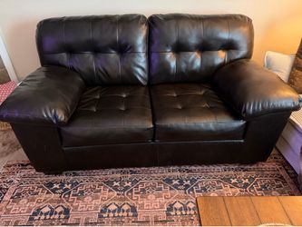 Comfortable Black Faux Leather Tufted Loveseat Sofa, Pillow Top Arms, 2-Seater