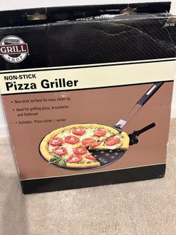 Grill Shop Non- Stick Pizza Grill Pan (New), Includes: Removable Handle For Easy Storage, Holds In Pan For Even Cooking, Pizza Cutter& Server 12” 