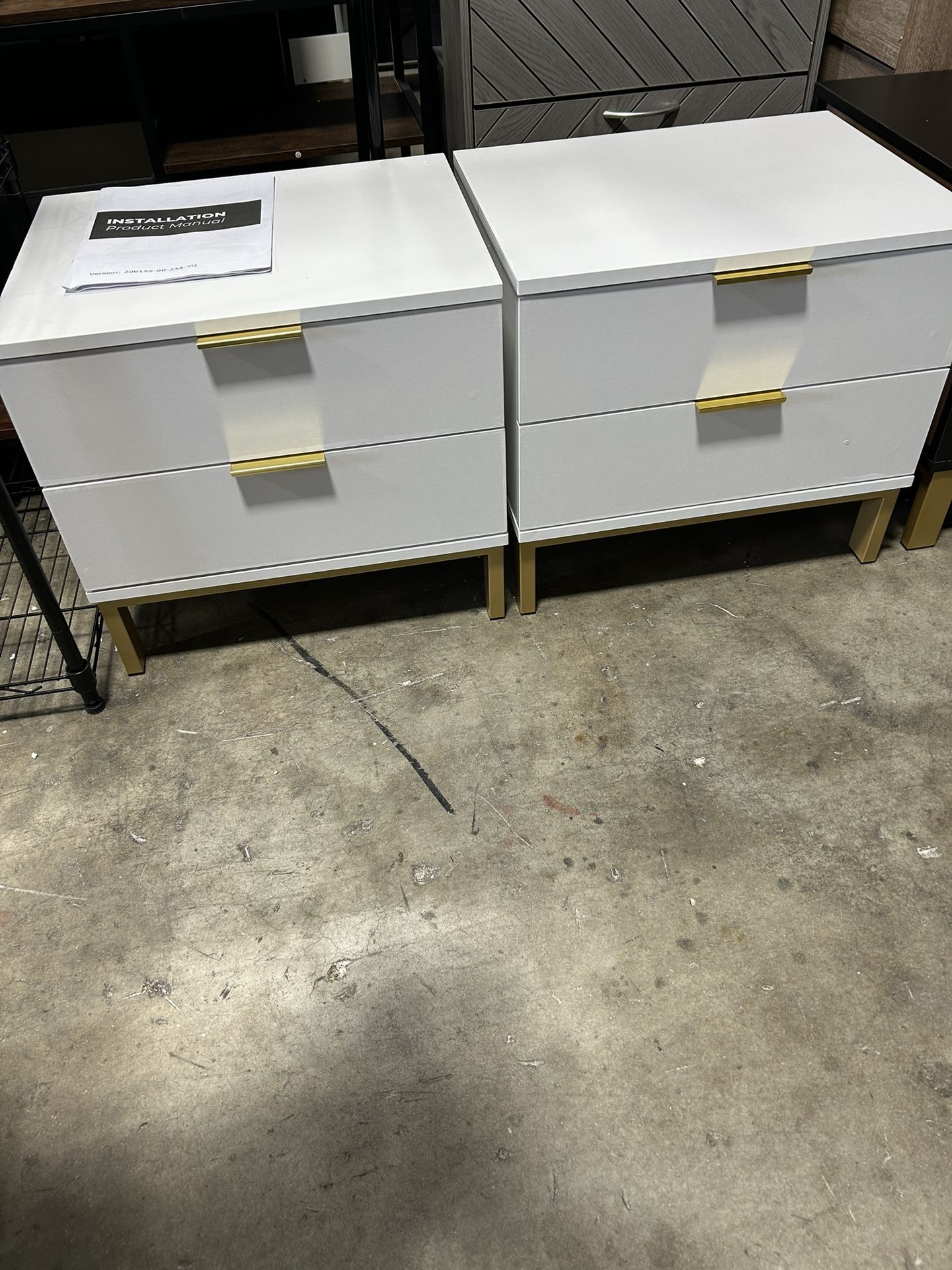 Set of 2 Nightstands with 2 Storage Drawers and Gold Metal Legs, Modern Sofa Side Table, White (19.7" L x 15.7" W x 17.9" H)