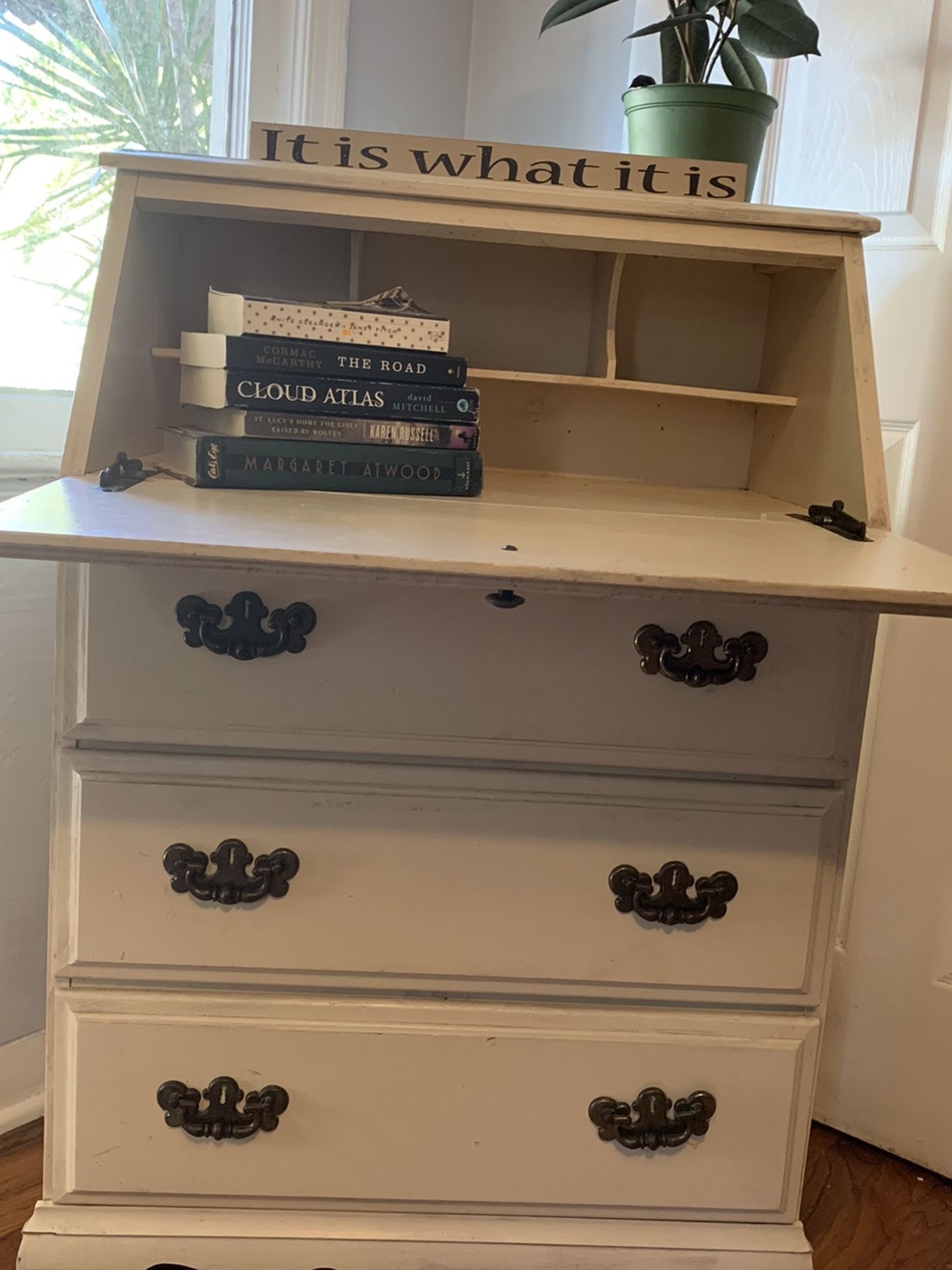 White Secretary Desk (3 drawers/fold down lid)