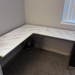 Marble White & Gold L-Shaped Desk