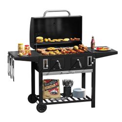 Charcoal Grill Flat Top Grill in Extra Large Cooking Space, Outdoor Camping Grill with Adjustable Charcoal Trays & 2 Side Shelves for BBQ, Party, Gard
