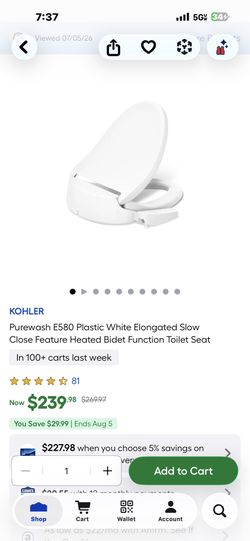 KOHLER Purewash E580 Plastic White Elongated Slow Close Feature Heated Bidet Function Toilet Seat