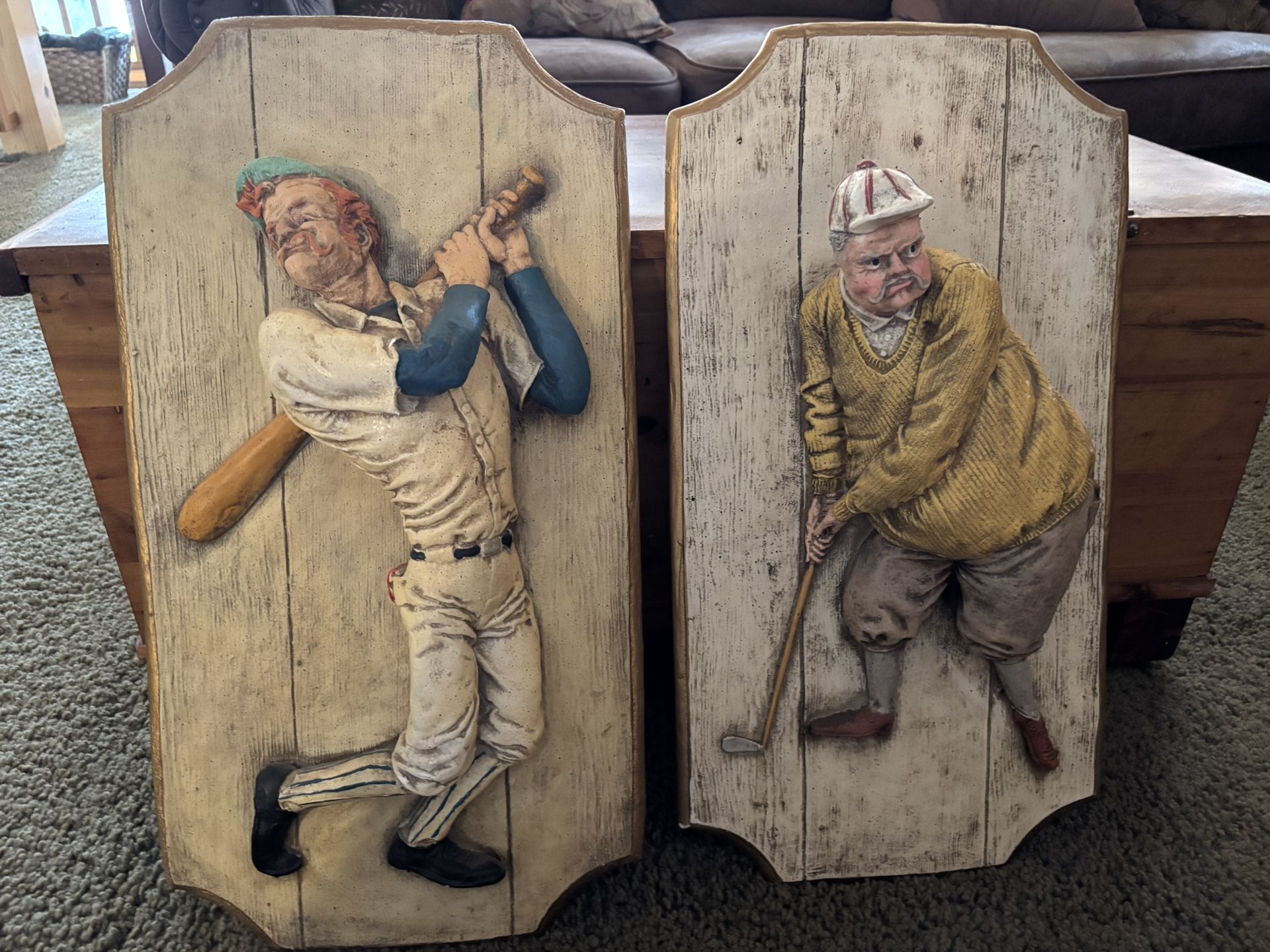 Pair of Vintage Chaulkware Golfer & Baseball Player Wall Hangings