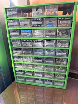 Vintage Green Metal Hardware Storage Cabinet with Drawers
