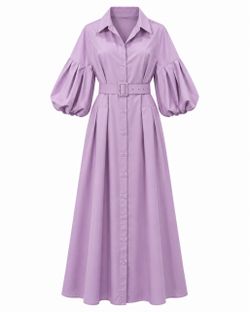Lilac Belted Maxi Shirt Dress – Puff Sleeve Button Down Dress Size XL