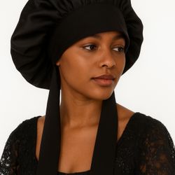 Luxury Black Satin Bonnet with Long Ties – Oversized Sleep Cap