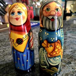 Vintage HandPainted Handcarved Russian Souvenir Wooden Dolls &  Russian Miniature Full Vodka Bottles