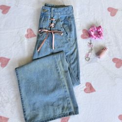 💕 Y2K Heart Pocket Lace-Up Jeans - Cute Pink Ribbon Denim