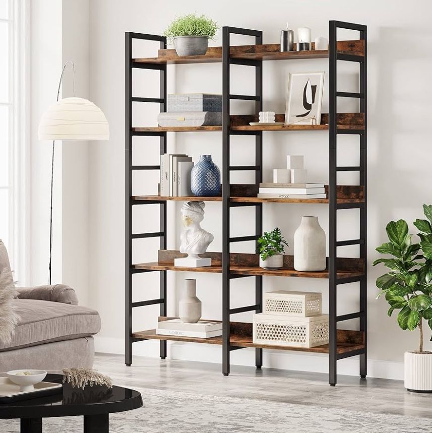 Tribesigns 5-Tier Industrial Bookshelf, 71”H X 47”W Etagere Bookcase, Freestanding Double Wide Book Shelf For Storage And Display, Wood And Metal Book