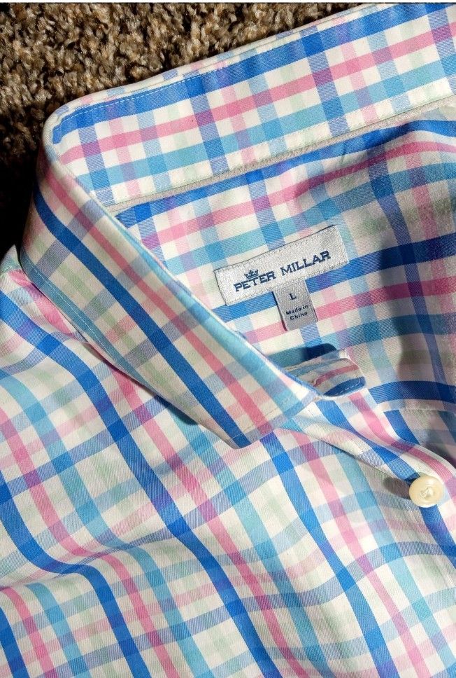Peter Millar Pastel Multi-colored Checkered Long Sleeve Plaid Shirt L