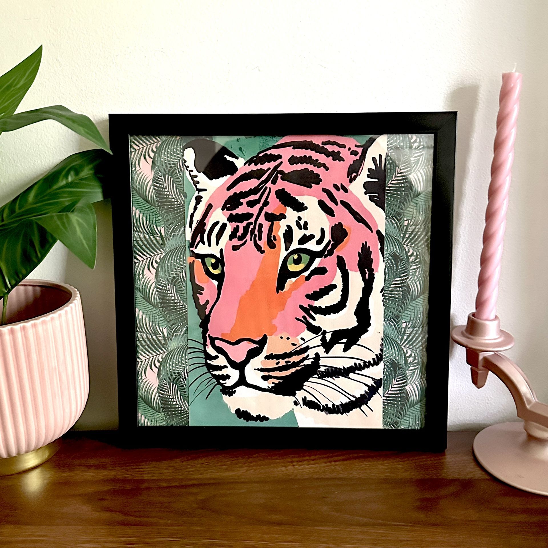 Vibrant Tiger Art Canvas Print Black Framed Palm Leaf Pink Green Wall Art 13x13”