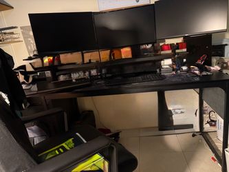 Large Black Gaming Desk with Monitor Shelf, side table and chair