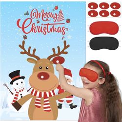 Christmas Games, for Kids, Family Party, Pin The Nose on Rudolph Game, Fun Xmas Games, Classic Design, with Premium Poster, Reusable Stickers, Eye Mas