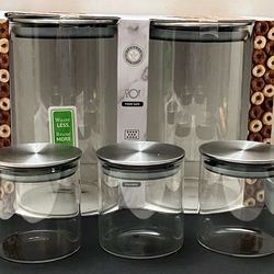 5 Alta Glass Round Canister w/Stainless Lid 2 Large 32.1oz/950ml & 3 Mini 6oz New