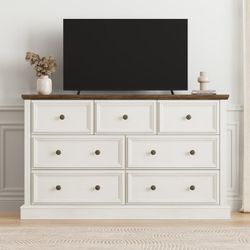 Vintage 7 Drawer Dresser, 55" Wide White Dresser for Bedroom, Chest of Drawers with Carved Design, Rustic Wood Storage Cabinet Clothes Organizer for B