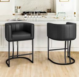 26 in.Modern Black Faux Leather Upholstered Counter Stool with Black Metal Frame Barrel Counter Bar Stool Set of 2